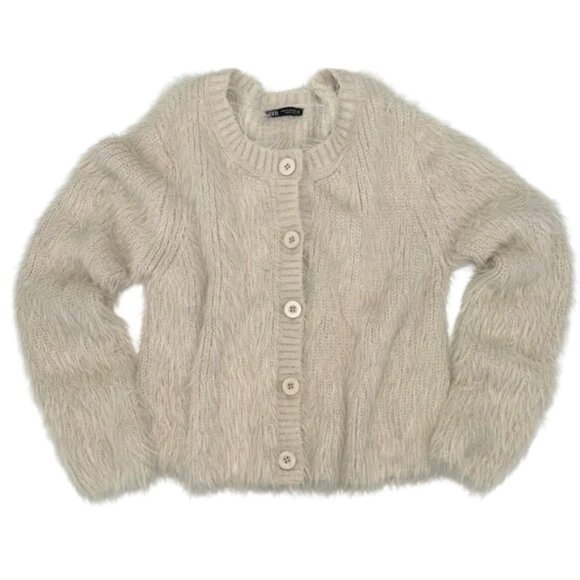Zara Cream Fuzzy Cropped Cardigan Sweater M Soft Eyelash Knit Cozy Layer - Picture 1 of 13